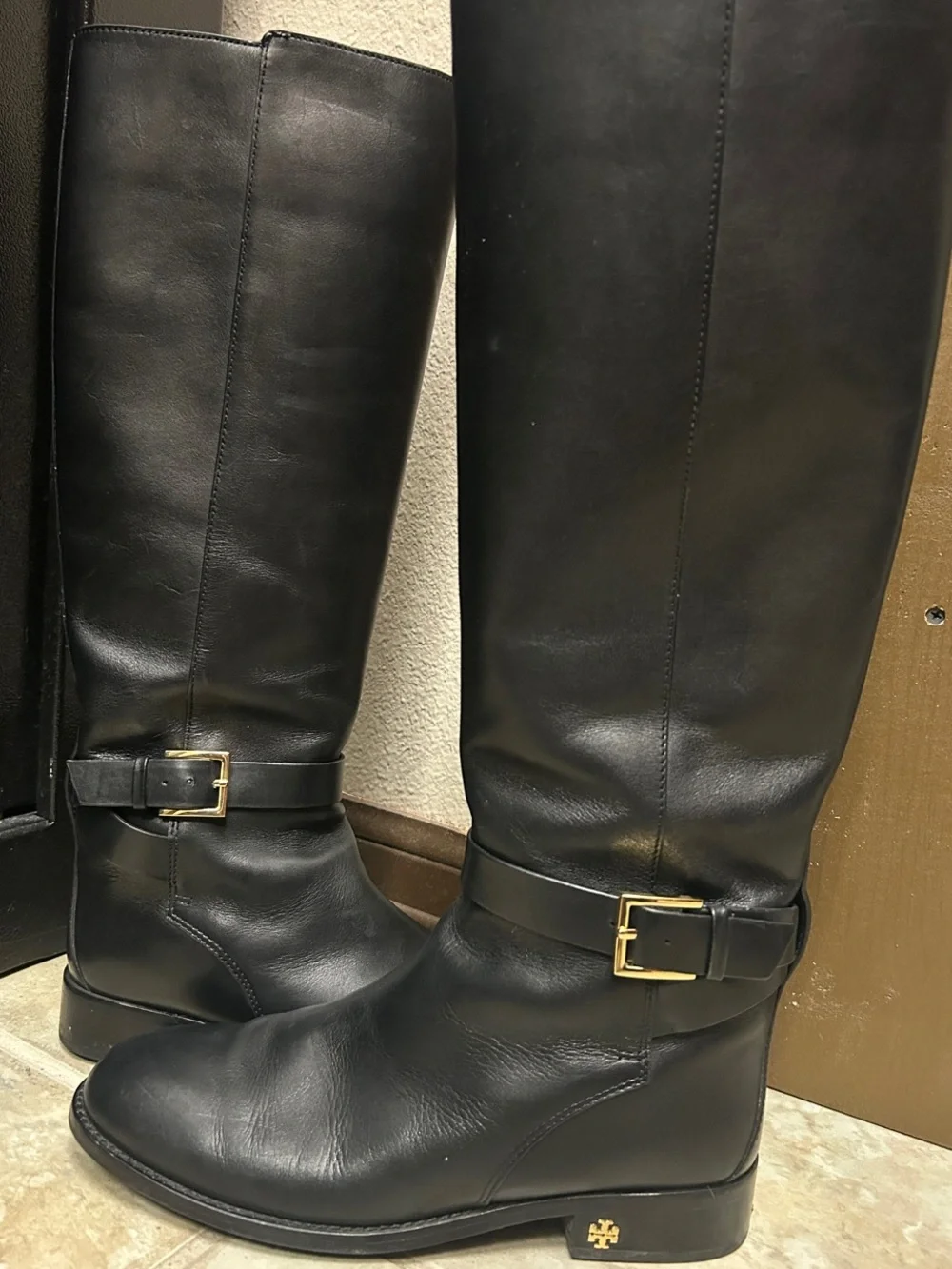 Tory Burch Black Leather Knee-High Riding Boots with Gold Logo